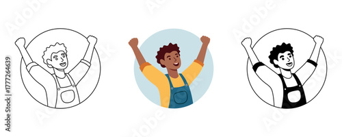 A man celebrating success with hands raised in the air isolated vector art illustration