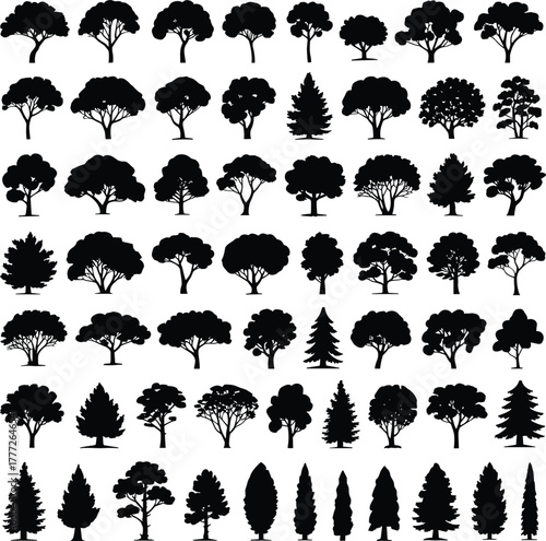 Collection of black tree silhouettes on white background 1