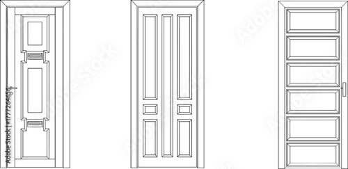 Architectural door vector, modern and traditional panel designs, black and white drawing, interior detail, construction layout, symmetrical frame, home decor, blueprint style