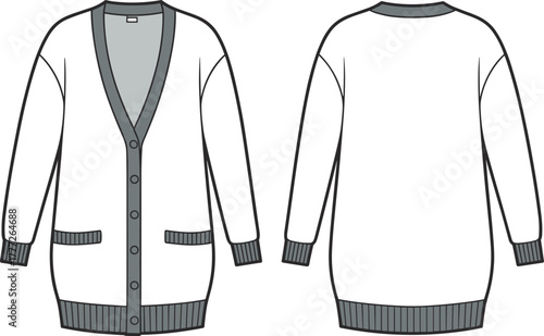 Fashion flat sketch, long-sleeve cardigan sweater, V-neck button front, patch pockets, ribbed cuffs and hem, black and white CAD, garment construction