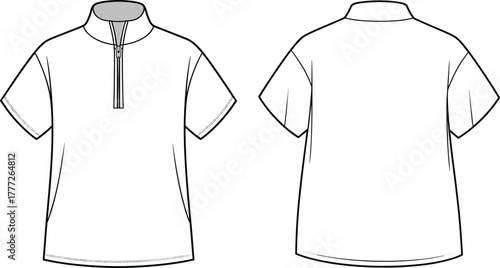 Fashion flat sketch, short-sleeve shirt, stand-up collar, front zipper detail, black and white CAD, garment construction, front and back view, apparel design