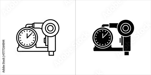 Line art and solid black icon of a pressure gauge with a dial and pipe fitting