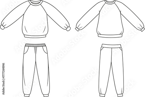 Fashion flat sketch, sweatshirt and sweatpant sets, raglan sleeve tops, elastic waist pants, black and white CAD, garment construction, casual wear design