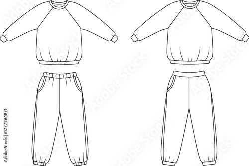 Fashion flat sketch, sweatshirt and sweatpant sets, casual wear front views, ribbed cuffs, elastic waistband, black and white CAD, garment construction