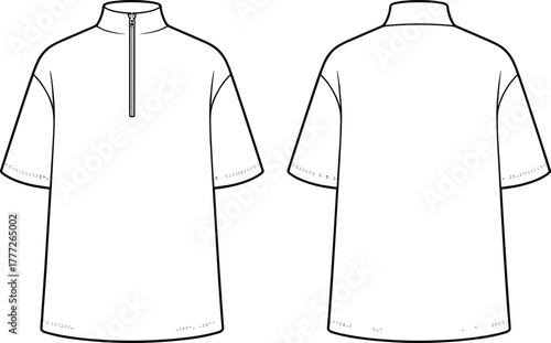 Fashion flat sketch, short-sleeve tunic, high-neck top, front and back view, zipper detail, black and white CAD, garment construction, apparel design