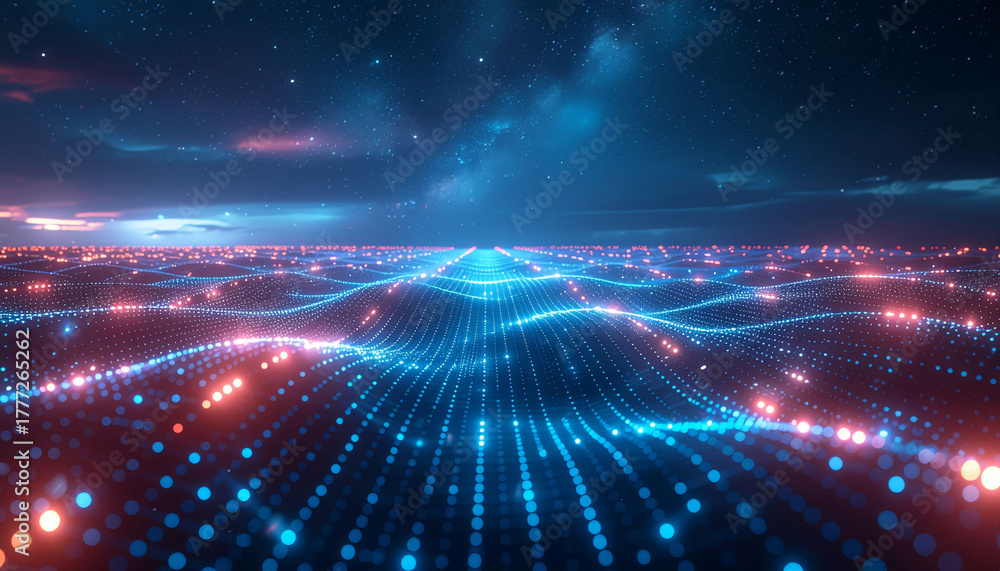 Obraz premium Stunning digital landscape with glowing data points under a starry sky, perfect for technology, innovation, or futuristic concept presentations