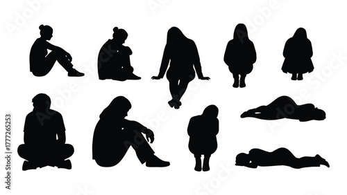 Collection of female silhouettes in various poses isolated on white background, Vector