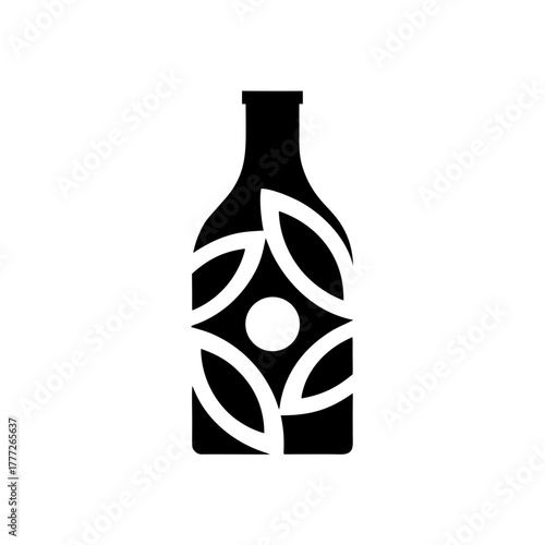 Stylized bottle with leaf design on transparent background silhouette