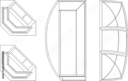 Architectural window design vector, black and white blueprint, bay and bow windows, arched frame styles, technical drawing, building detail, construction plan