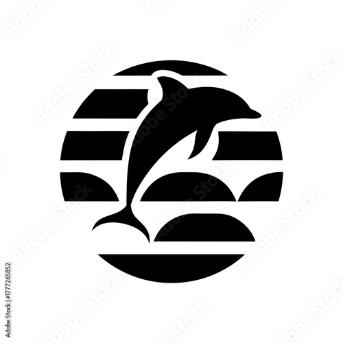 Dolphin jumping in striped circle on transparent background silhouette
