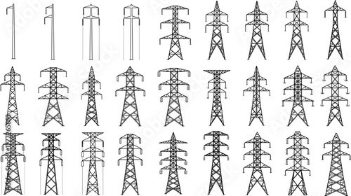 High voltage electricity transmission pylons set, utility tower structures, energy infrastructure illustration