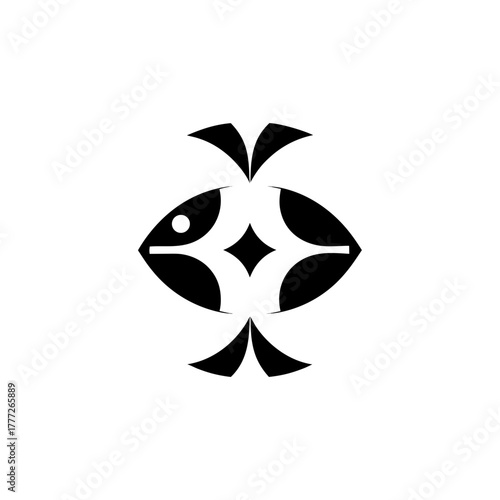 Stylized symmetrical fish icon on transparent background silhouette