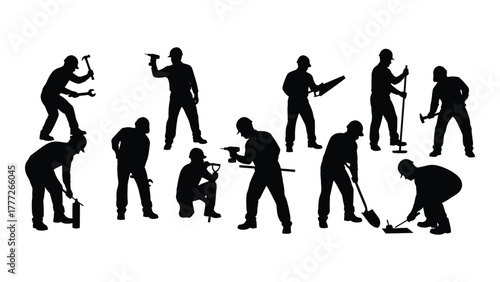 Industrial and construction worker silhouettes with tools isolated on white background, Vector