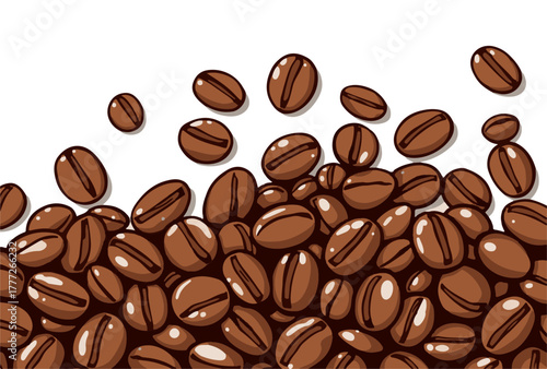 Realistic coffee beans vector illustration, roasted brown grains with glossy texture and shading, falling coffee seeds, detailed aroma concept, caffeine background design
