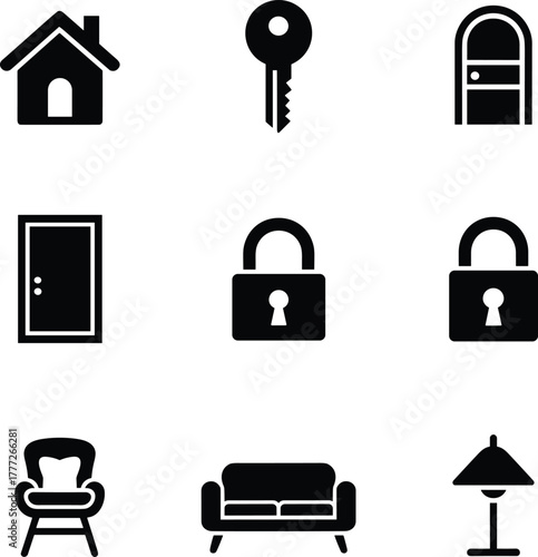 House key door lock sofa chair lamp icons house icon