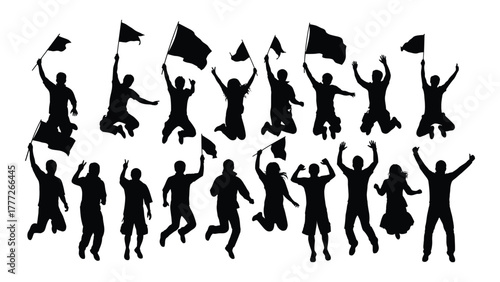 Energetic jumping crowd silhouettes with flags isolated on white background, Vector