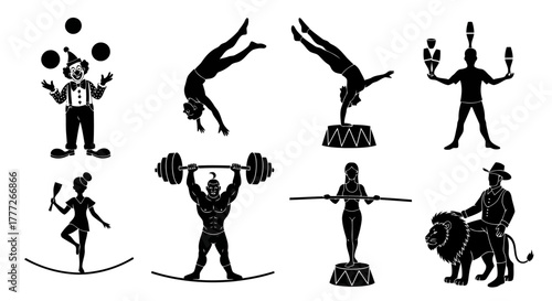 Silhouetted Circus Performers Vector Art: Clown Juggling Weightlifter Tightrope Walker Animal Trainer Silhouette Illustration on White