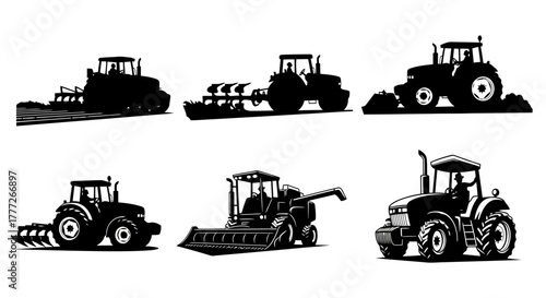 Agricultural Tractor Vehicle Vector Illustration Set of Farming Machinery Preparing Field for Planting and Harvest in Silhouette Style Isolated on White Background
