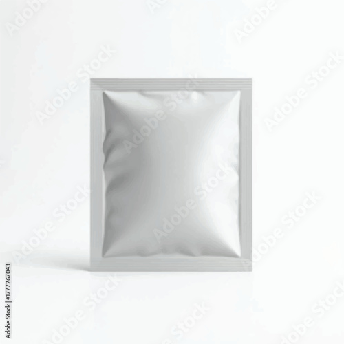 Paper blank product package isolated on white without shadow, 3D Sachet packing pouch mockup,3D pouches,packing pouches,Sample pouch, silver sachet mockup. Disposable packet for napkin, isolated objec
