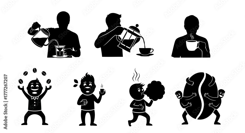 Naklejka premium Set of Coffee Vector Illustration Brewing Drinking Juggling Aroma Bean Caffeine Hot Beverage Enjoyment Preparing Mug Cup Steaming Relaxation
