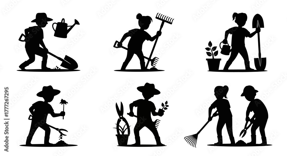 Obraz premium Gardening Tool Set Silhouette Boy Girl Rake Shovel Watering Can Plants Flower Pot Garden Work Equipment Yard Silhouette Vector