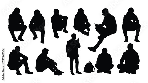 Silhouettes of people sitting and relaxing with phones isolated on white background, Vector