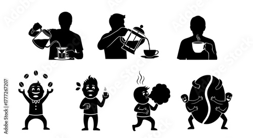 Set of Coffee Vector Illustration Brewing Drinking Juggling Aroma Bean Caffeine Hot Beverage Enjoyment Preparing Mug Cup Steaming Relaxation