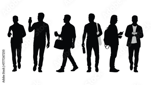 Diverse male silhouettes with everyday items isolated on white background, Vector