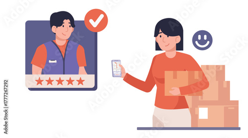 Courier scanning package with checklist. Parcel management and express service illustration