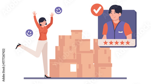 Courier delivering parcels using map navigation on smartphone. Delivery route tracking illustration