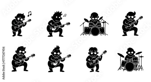Musician Playing Guitar Drum Silhouette Vector Illustration Orchestra Entertainment Band Rock Concert Classic Instrument Graphic Design