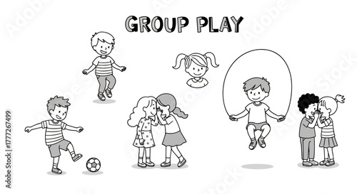 Group Play Black and White Vector Illustration: Happy Children Playing Together, Jumping Rope, Kicking Ball, Talking, Whispering Isolated on White Background