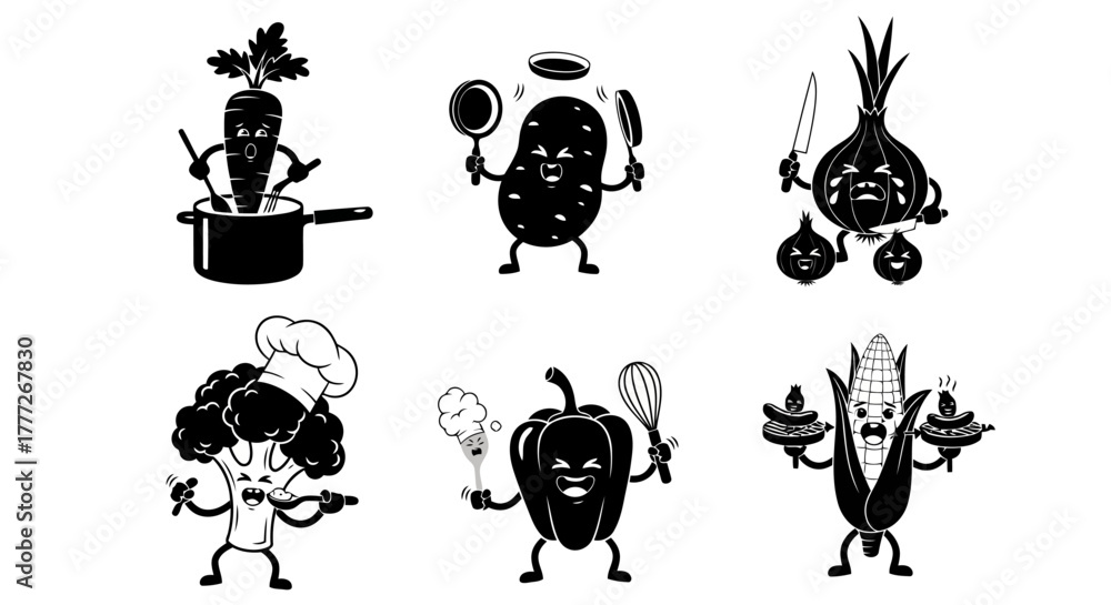 Naklejka premium Cartoon Vegetable Chef Characters Vector: Cute Carrot Potato Onion Broccoli Pepper Corn Mascot Cook Food Elements in Black and White Silhouette Graphics