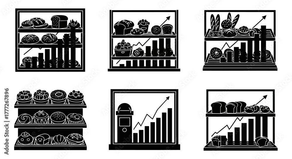 Naklejka premium Bakery Shelf Diagram Graph Business Display Pastry Bread Shop Increase Sales Market Chart Growth Food Products Illustration Vector