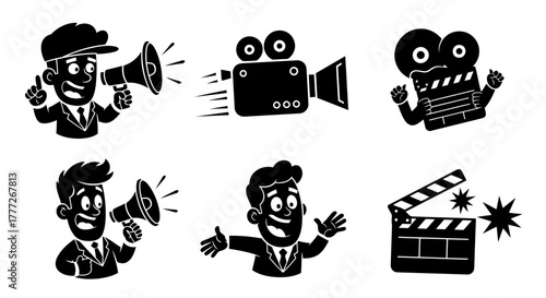 Filmmaker Cartoon Vector Illustration: Man with Megaphone, Camera, and Clapperboard, Film Making, Video Production, Media, and Directing Concept in Black and White