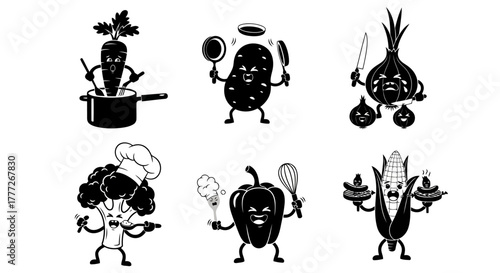 Cartoon Vegetable Chef Characters Vector: Cute Carrot Potato Onion Broccoli Pepper Corn Mascot Cook Food Elements in Black and White Silhouette Graphics