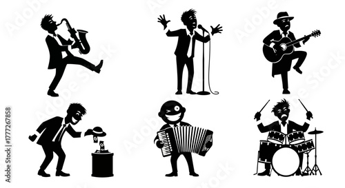 Silhouette Musician Characters Vector: Jazz Band Singer Saxophone Player Guitarist Drummer Accordion Performer Graphics in Black and White