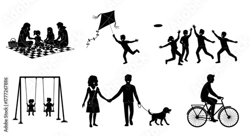 Family Leisure Silhouette Activity Outdoor Picnic Playing Kite Swing Walking Dog Cycling Togetherness Illustration Vector