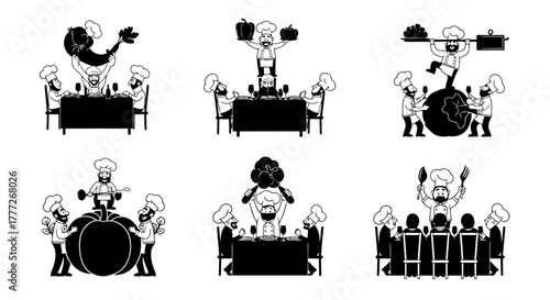 Chefs and Giant Vegetables: Cartoon Culinary Teamwork with Oversized Ingredients Vector Illustration