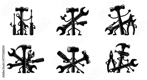 Cartoon Tools with Character: Personified Hammer, Screwdriver, and Wrench Team Vector Art