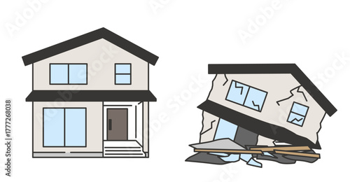 Before and after earthquake illustration of collapsed and intact house