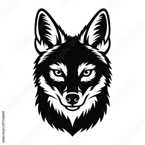 Fox head black and white frontal mascot illustration