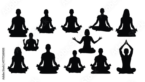 Yoga and meditation poses silhouettes collection isolated on white background, Vector