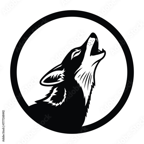 Wolf head howling black silhouette in circle vector icon