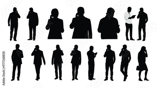 Silhouettes of people using mobile phones isolated on white background, Vector