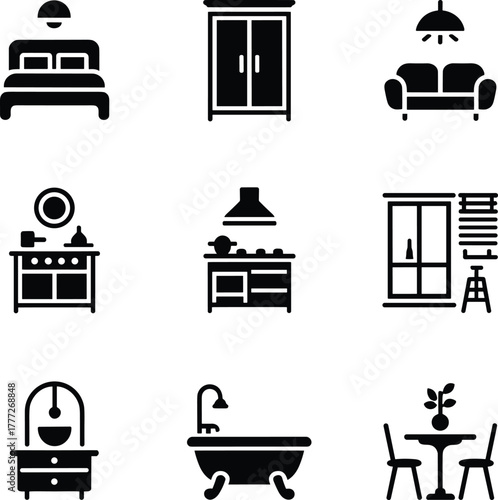Set of nine black home interior furniture icons bedroom