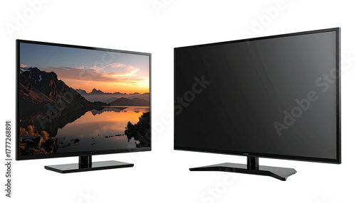 Two monitors, one shows landscape, other is dark screen