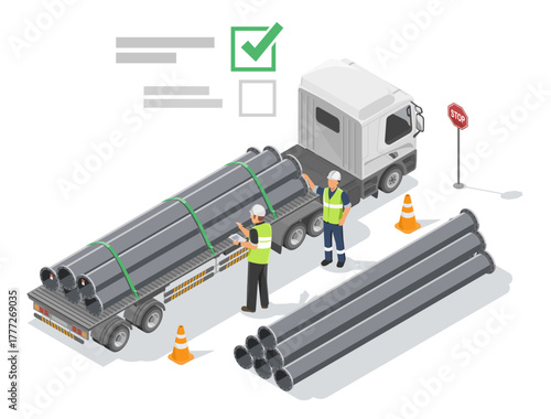 Safety standard inspection of industrial workers checking metal pipes loaded on truck to ensure secure transportation and compliance at construction site