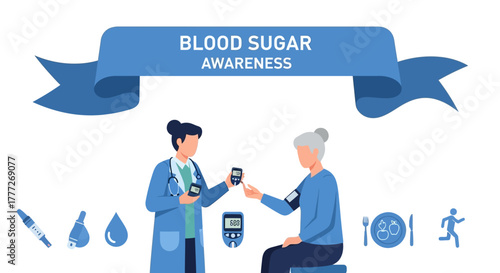 Illustrate blood sugar awareness with a supportive doctor assisting a senior patient. Promote healthy living for diabetes prevention through diet and exercise.