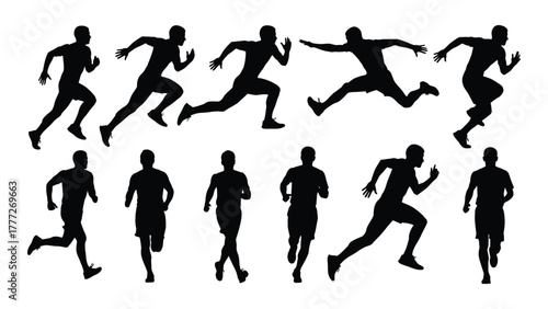 Dynamic running and jumping silhouettes isolated on white background, Vector